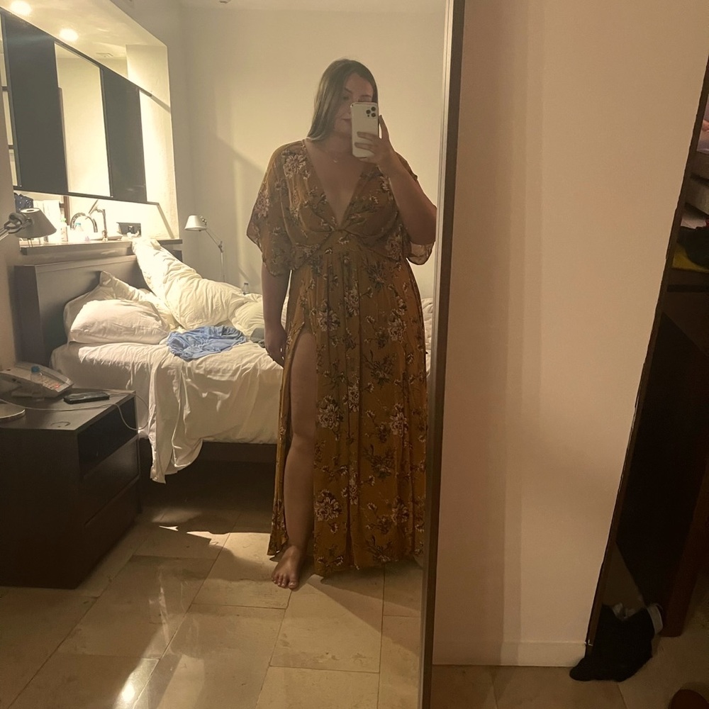 ShowPo orange floral flowy maxi dress with double slits, low v neck